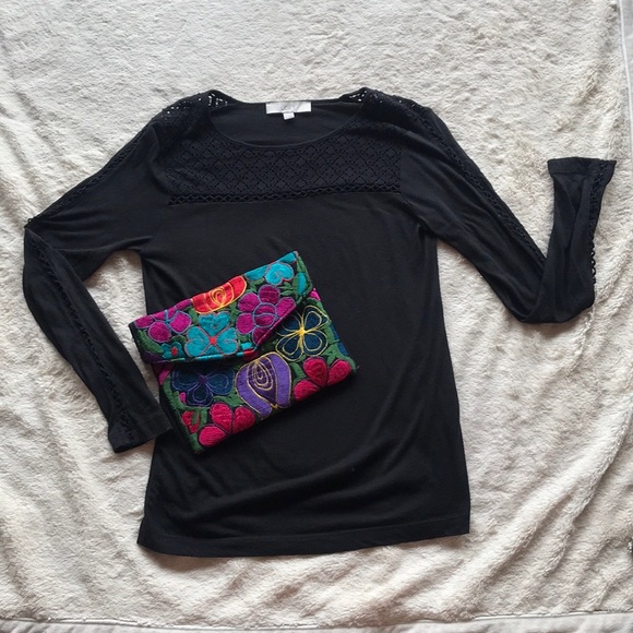 LOFT Black, long sleeved, open embroidered top, S - Picture 3 of 9